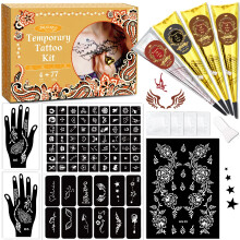 Temporary Stencils Tattoos Kit, 4 Pcs Tattoo Cones 3 Color (1 Black 2 Maroon 1 Cherry Red) with Gloves Brush Tool,DIY Body Art Skin Painting Designs