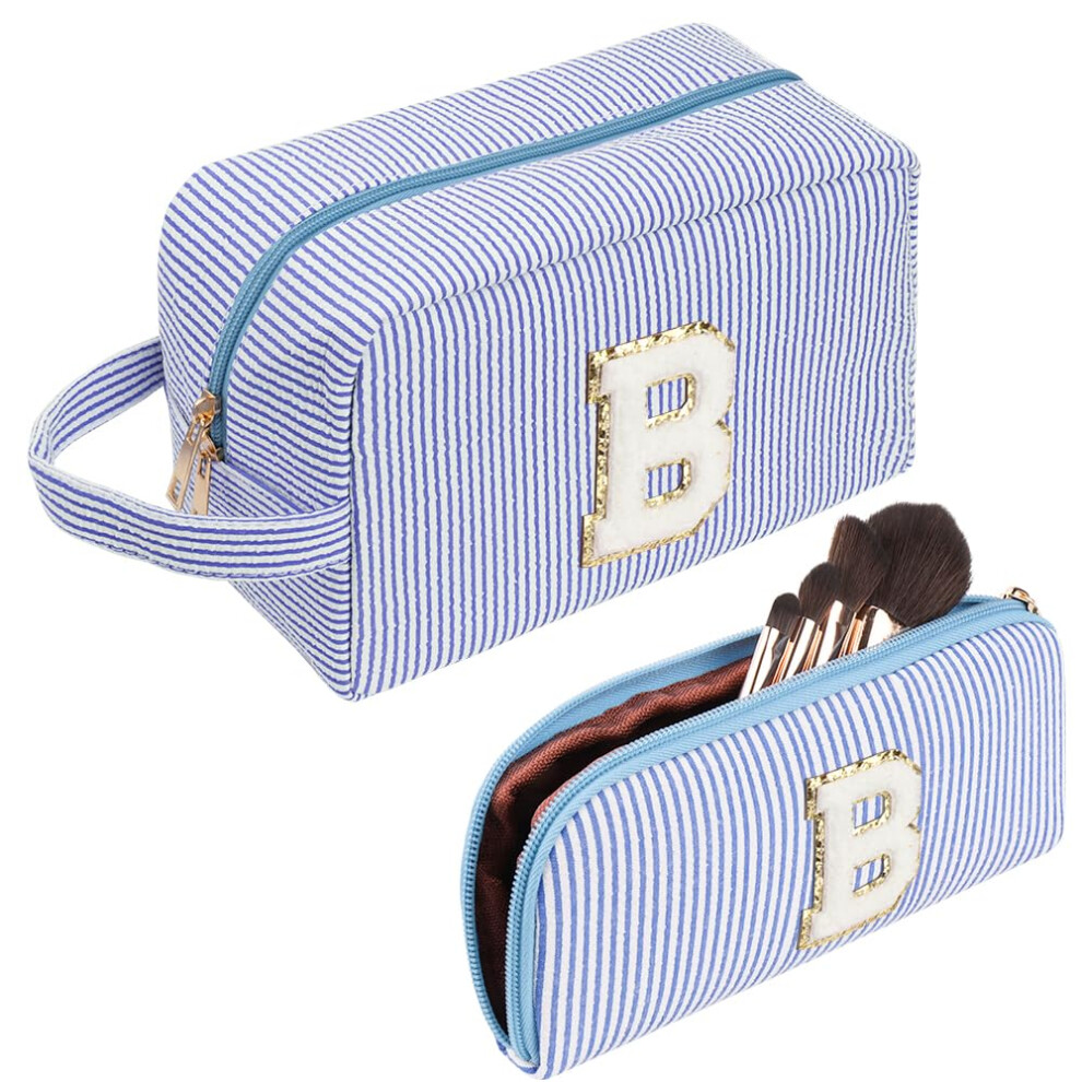 Wallfid Large Makeup Bag,Travel Makeup Bag,Cute Initials Blue Corduroy Cosmetic Bag,Gift For Woman,Girlfriend,Best Friend,Mom,Daughter With Small Cosmetic