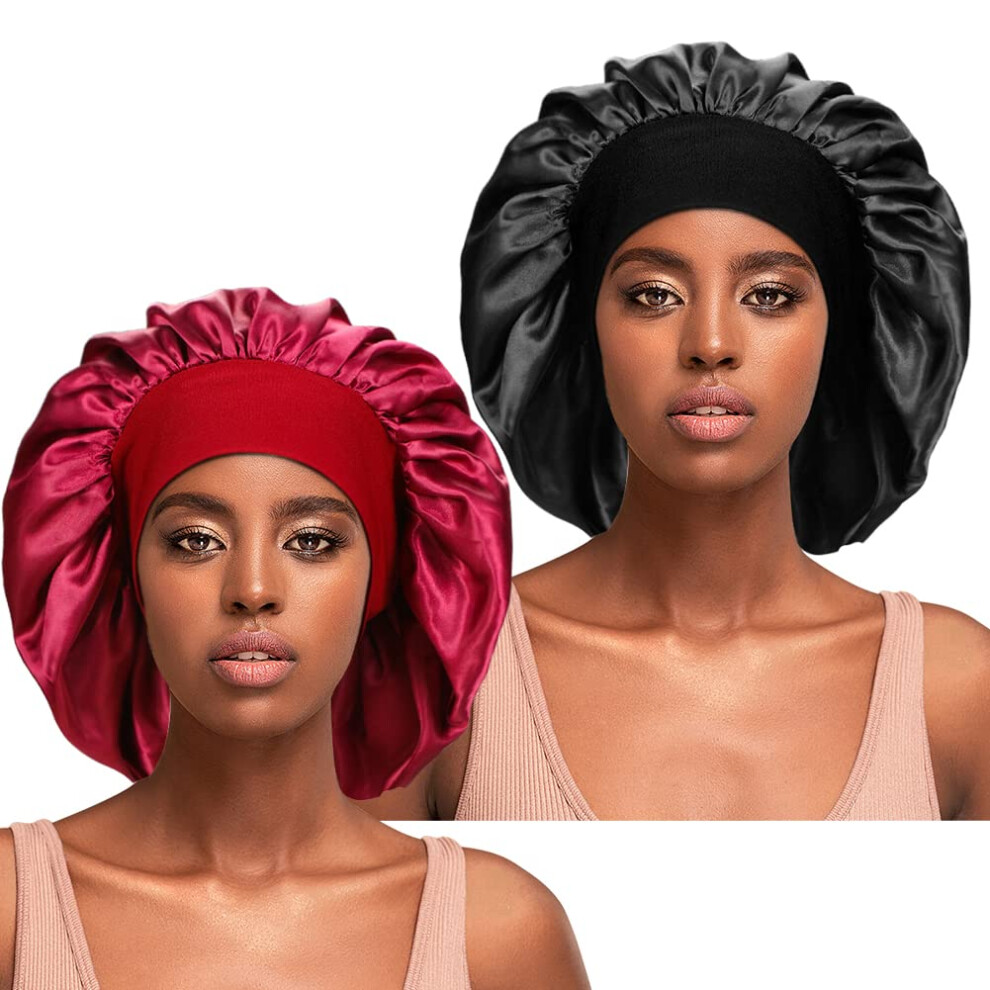 Tsknomo Red 2 Pcs Silky Sleep Bonnet For Curly Hair, Large Hair Braids Bonnets Satin Sleeping Cap Night Caps For Women Hair Care
