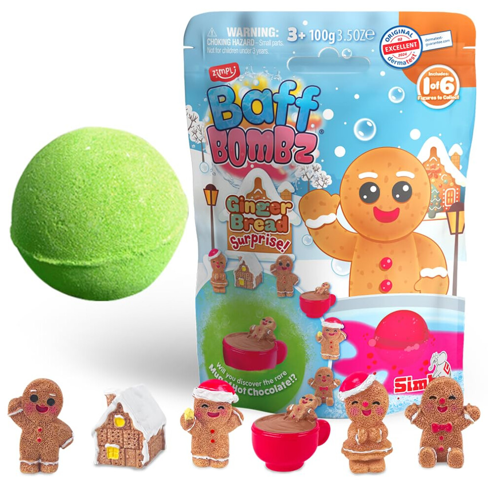 Zimpli - Christmas Surprise Bath Bomb Gingerbread, 1 Of 6 Gingerbread Toys To Collect, One Per Large Baff Bomb, Collectable Toy For Boys & Girls