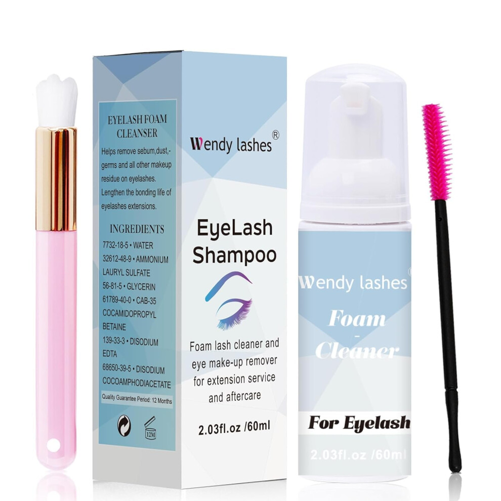 Wendy Lashes Eyelash Shampoo For Eyelash Extension Cleanser 60Ml Eyelash Foam Cleanser Lash Cleanser Makeup Remover With Soft Brush And Eyelash Mascara Wand