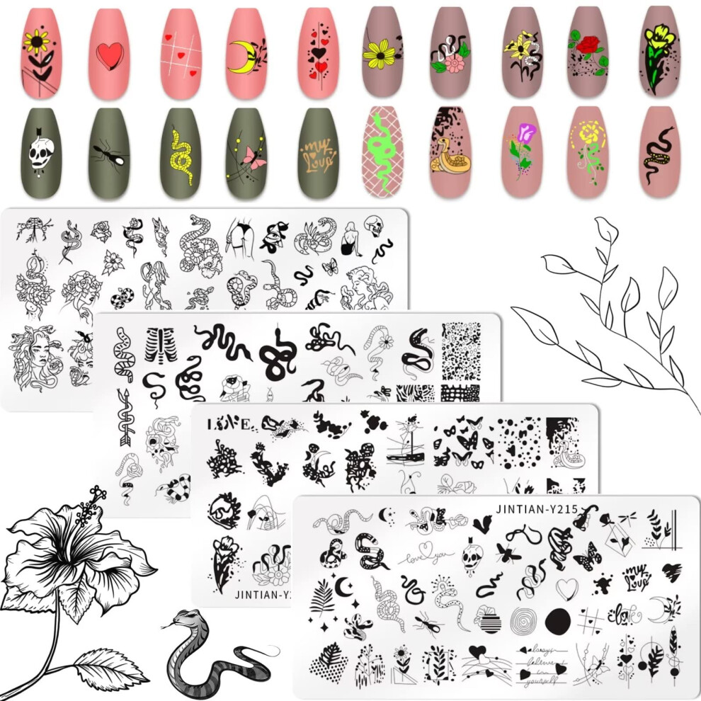 Runrayay 4Pcs Animal Theme Nail Art Plates, Snake Flower Butterfly Nail Image Stamp Templates Stamping Kit Diy Print Manicure Salon Design