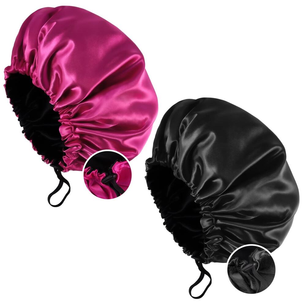 Fuyamp 2 Packs Satin Sleep Cap Shower Cap,Adjustable Silky Sleep Bonnet For Women Long Curly Hair