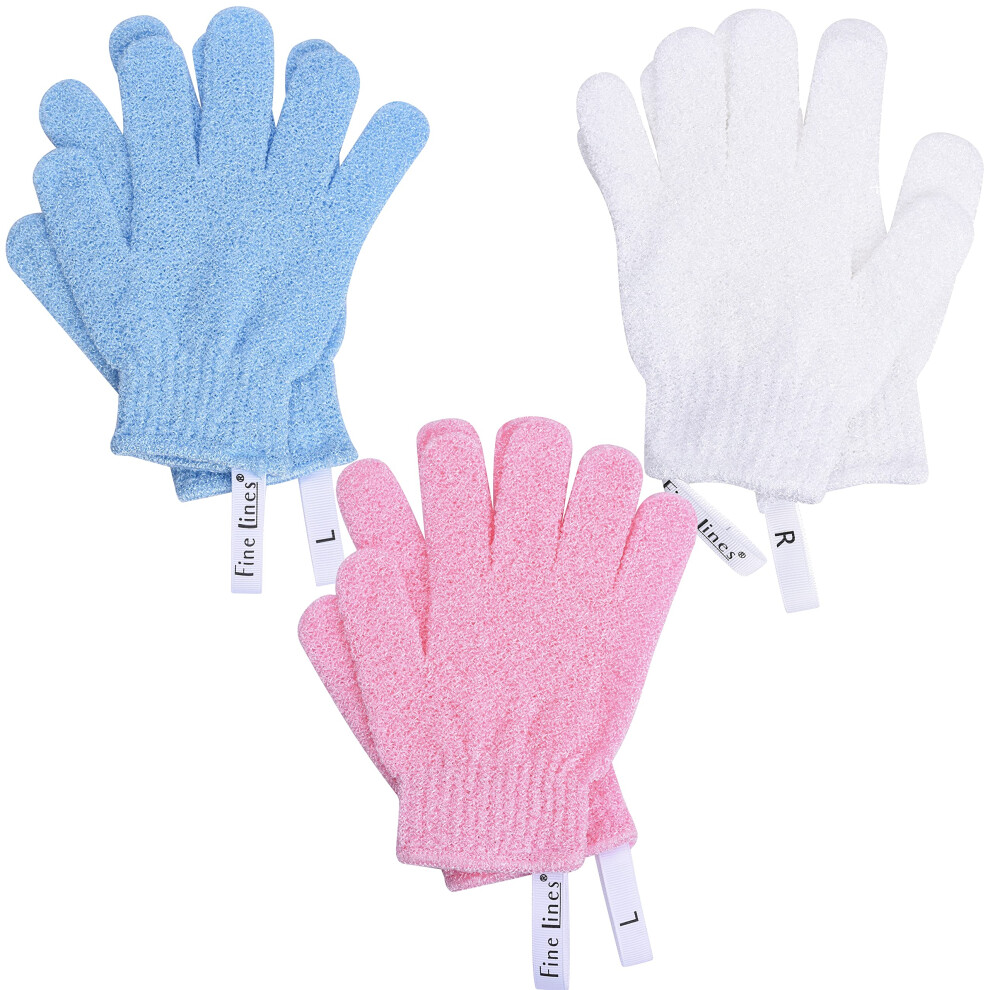 Fine Lines - Exfoliating Shower Gloves, Pack Of 3 Pairs (6 Pcs) - Exfoliating Glove For Bath Scrub, Dead Skin Remover - Exfoliating Mitt