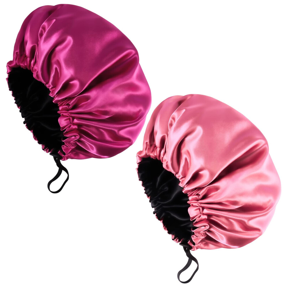 Fuyamp 2 Packs Satin Sleep Cap Shower Cap,Adjustable Silky Sleep Bonnet For Women Long Curly Hair