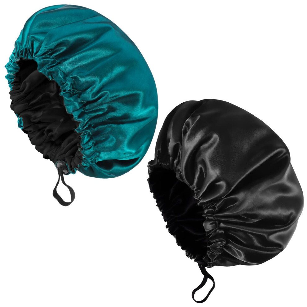 Fuyamp 2 Packs Satin Sleep Cap Shower Cap,Adjustable Silky Sleep Bonnet For Women Long Curly Hair