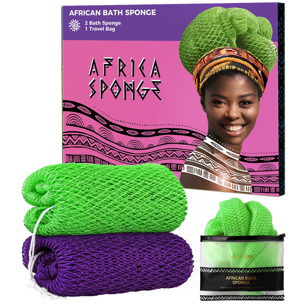 Relaxscene Authentic African Net Sponge With Knots - 2 Purple & Green Exfoliating Body Scrubbers For Women - Back Scrubber Shower Exfoliator