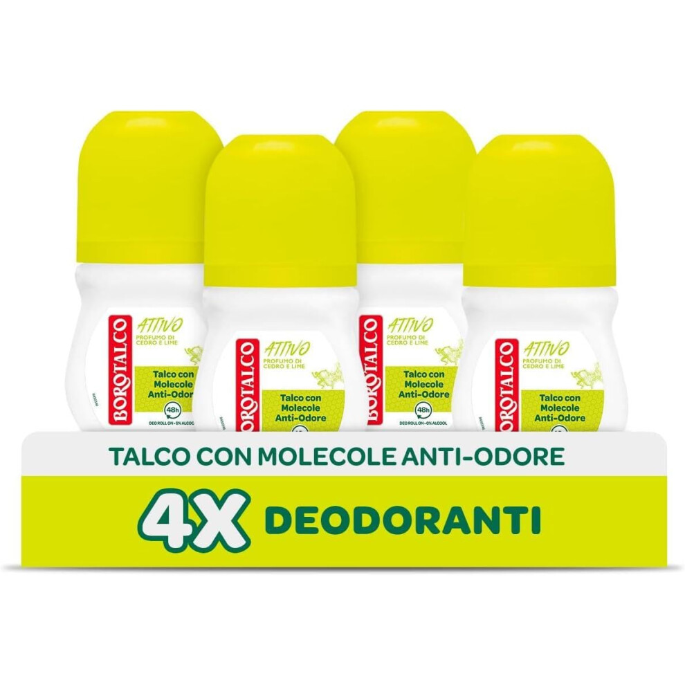 Borotalco Yellow Roll-On Deodorant Active Talc With Odour-Inhibiting Molecules, Fresh Effectiveness, 48H Effectiveness, Alcohol-Free
