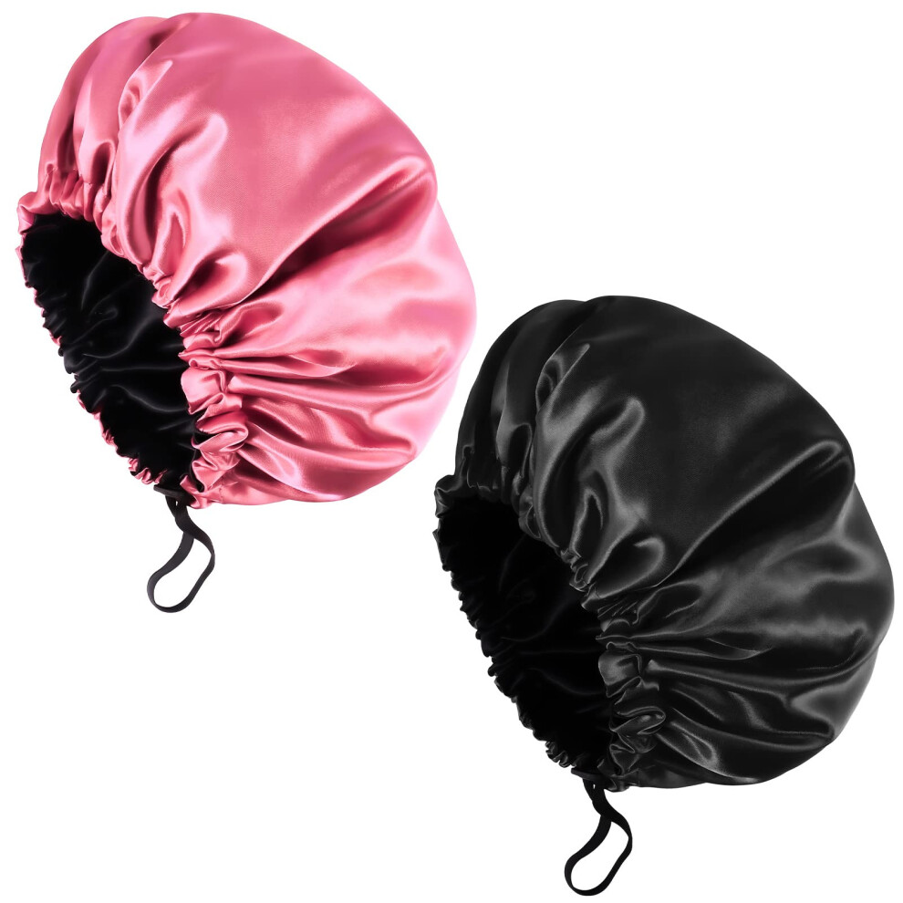Fuyamp 2 Packs Satin Sleep Cap Shower Cap,Adjustable Silky Sleep Bonnet For Women Long Curly Hair