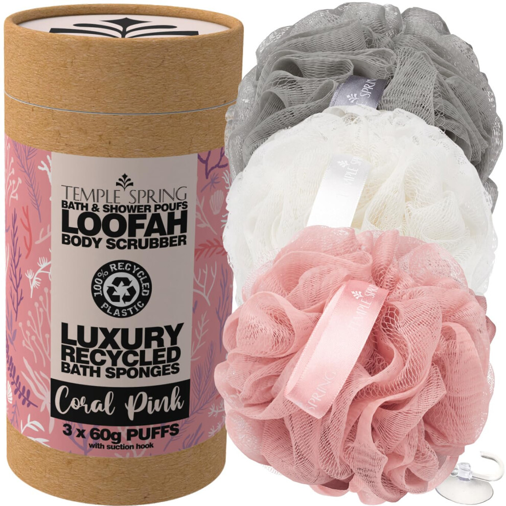 Temple Spring Loofah Shower Sponge, Recycled Body Scrubber Scrunchies, Exfoliating Bath Sponge, Shower Puff Bath Sponges For Adults