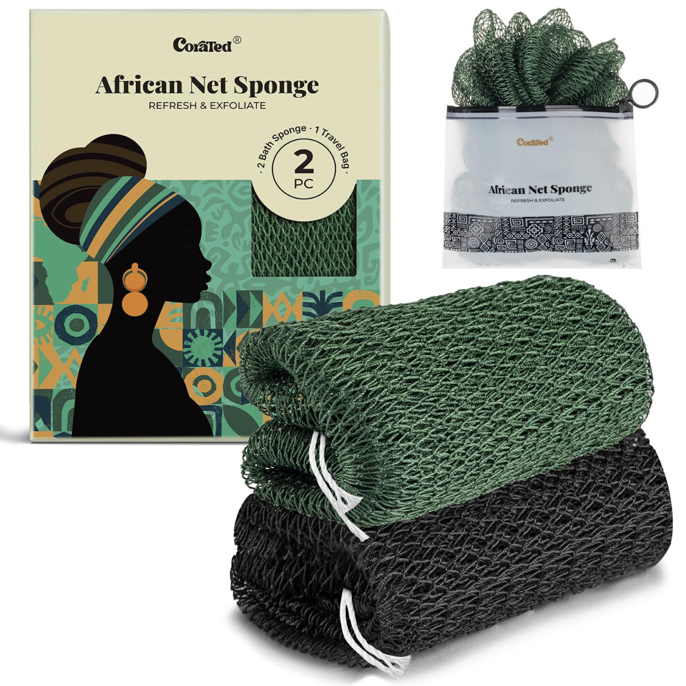 Corated Black 2Pcs African Exfoliating Net Sponge - Bath & Shower Net Sponges, Scrubbing Net Body, Beauty Skin Cleaning For Shower Spa Massage