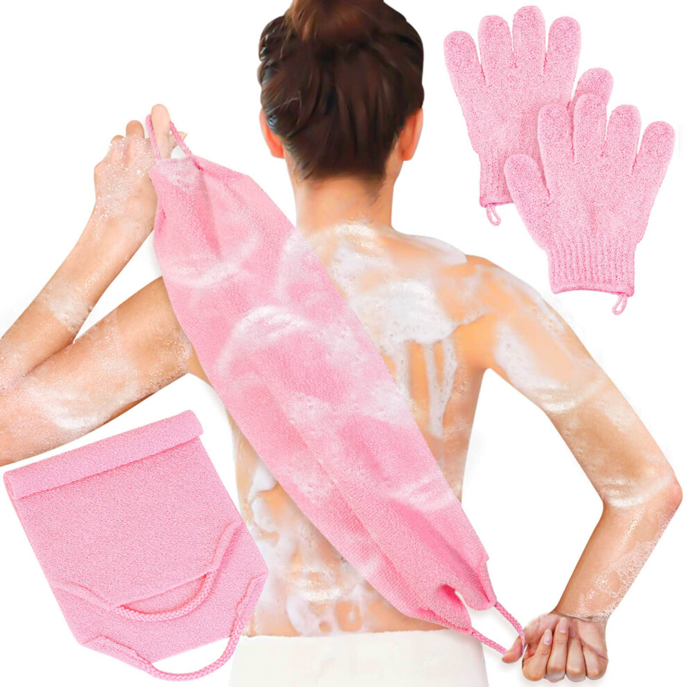 Anezus Pink Exfoliating Shower Bath Gloves Back Scrubber Set For Body, Face, Shower, Bath, Scrub And Exfoliator (Pink)