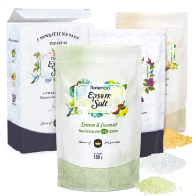 Nortembio Epsom Salt Gift Pack Lemon, Vanilla Fragrances + Pure 3 x 180g | Natural Magnesium with Vitamins C & E | Relaxing Baths, Spa