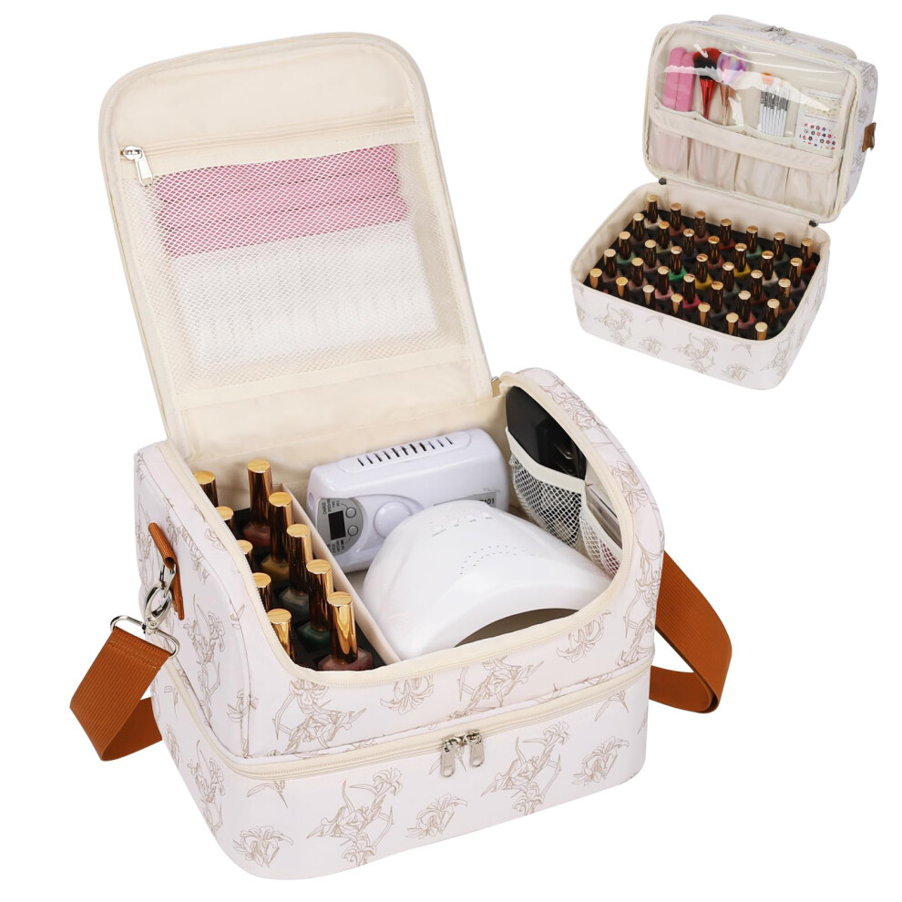 Relavel Nail Polish Organiser Bag, Floral Print Double Layer Nail Varnish Storage Case Holds 45 Bottles & Full Size Uv Lamp, Portable Nail Technician Case