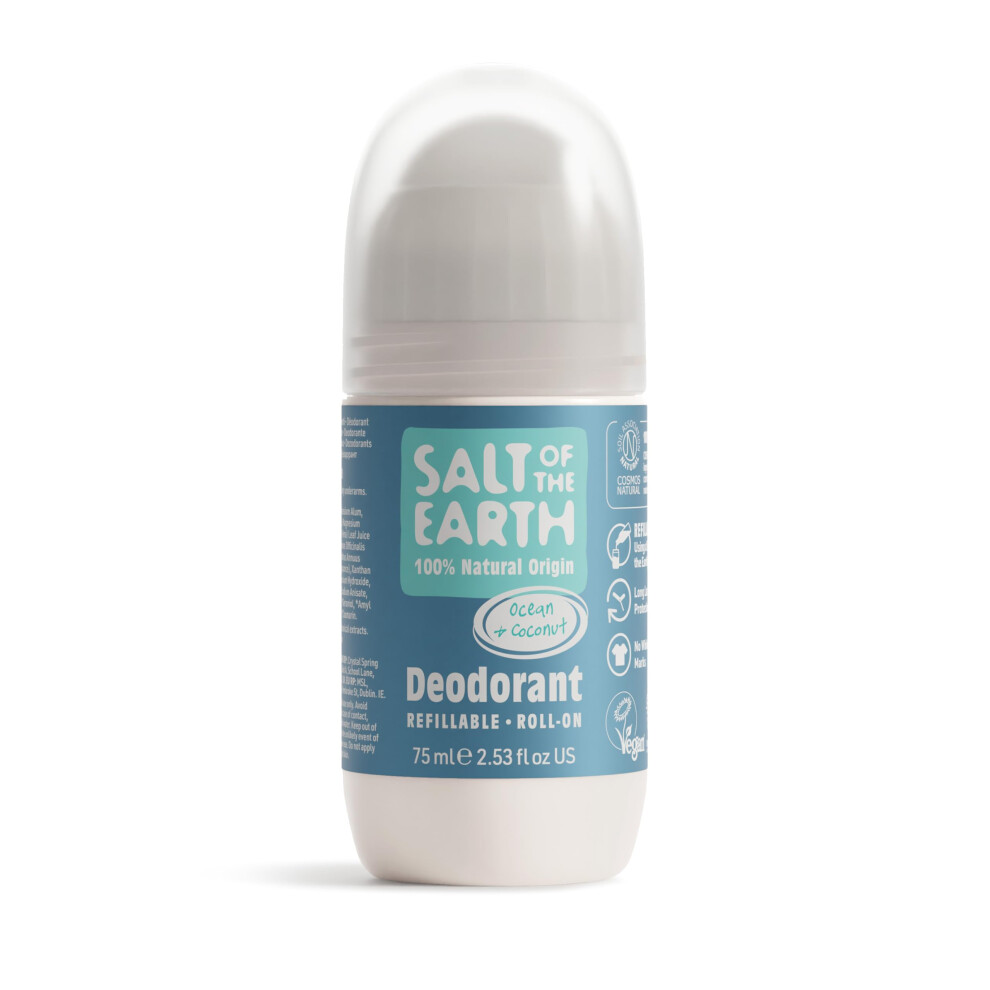 Salt Of The Earth - Natural Refillable Roll On Deodorant - Ocean & Coconut - Vegan Formula With Long-Lasting Protection - Made In The Uk - 75Ml