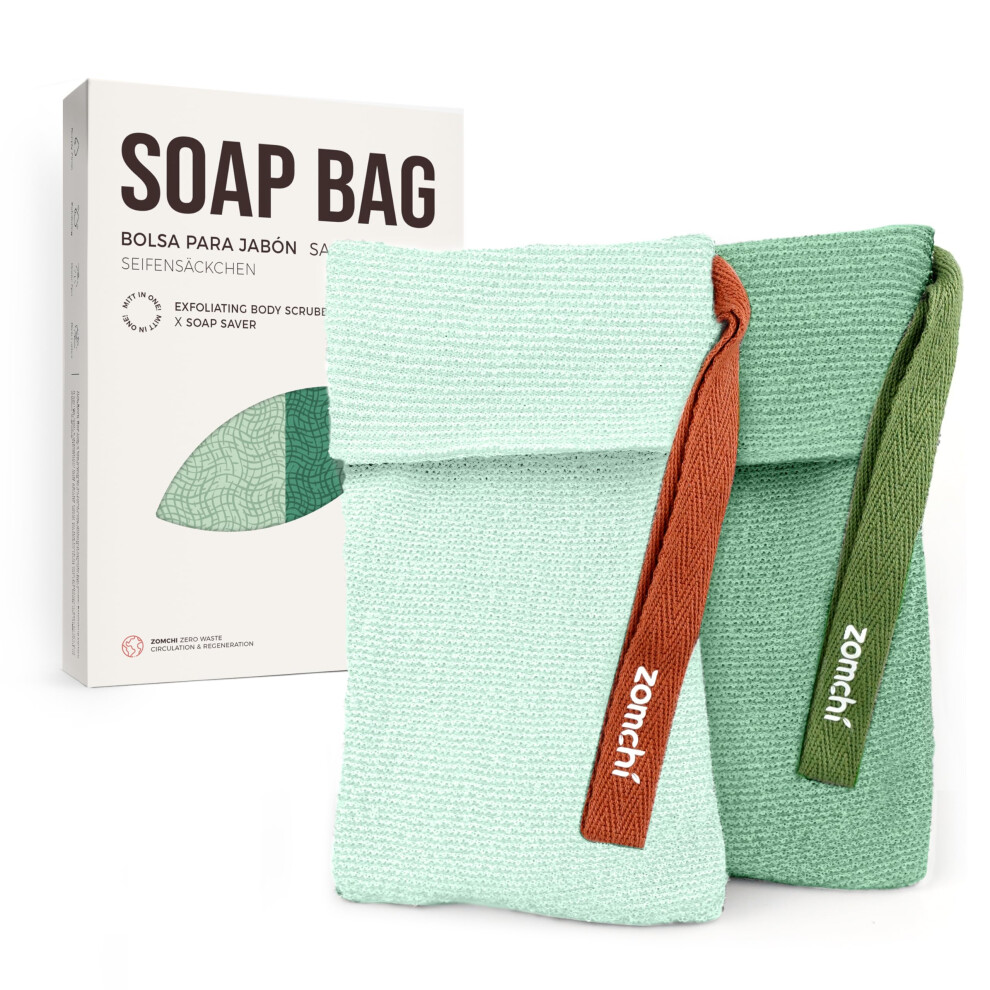 Zomchi Green 2 Pieces Soap Bags For Soap Bars With Different Roughness, Exfoliating Soap Saver Bags, Soap Pouch For Body Wash (Green)