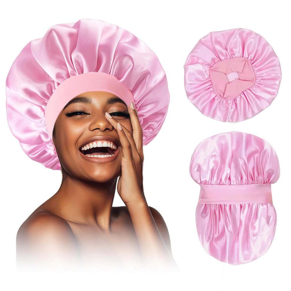 Veciir Silk Bonnet For Sleeping Women, Ajustable Hair Bonnet For Curly Hair With Tie Band Lightpink-Lightpinkï¼Medium, Lightpink-Lightpink, M