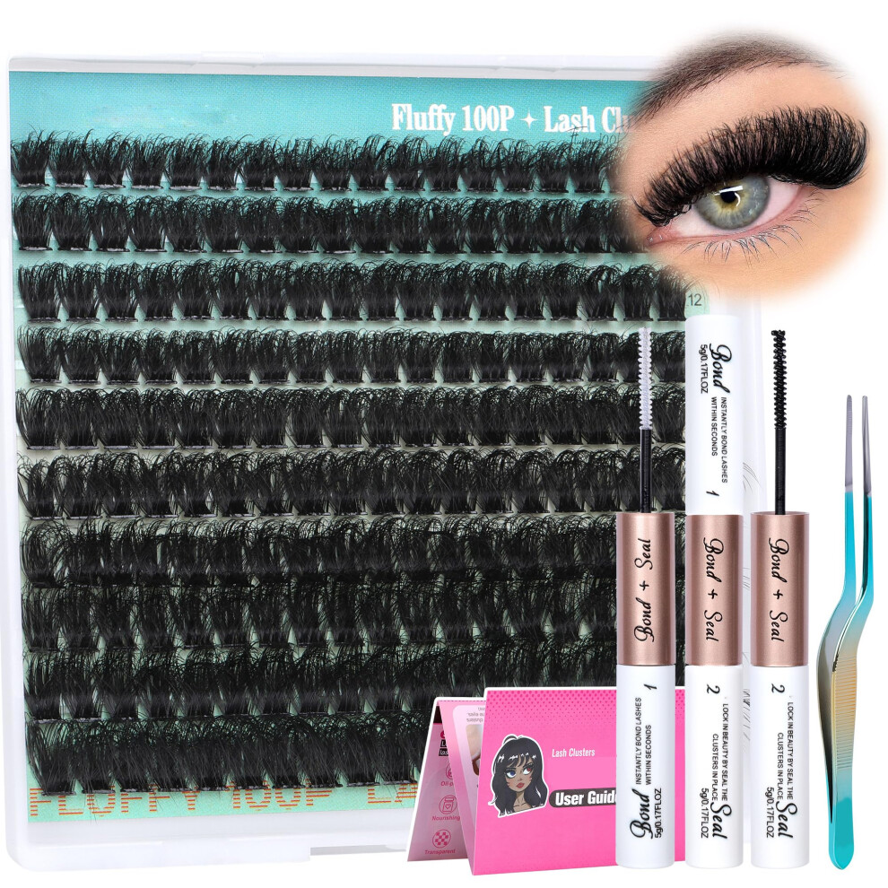 Phkerata Cluster Lashes Kit Russian Individual Eyelashes Diy Eyelash Extension Kit Fluffy Lashes Cluster 100P D Curl Individual Lashes With Lash Glue Bond And