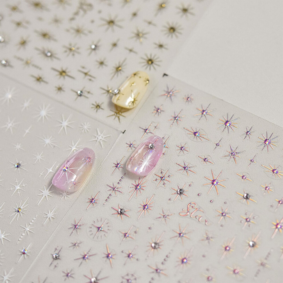 Jmeowio 3D Embossed Colorful Star Nail Art Stickers Decals Self-Adhesive 5D Nail Supplies Nail Art Design Decoration Accessories 3 Sheets