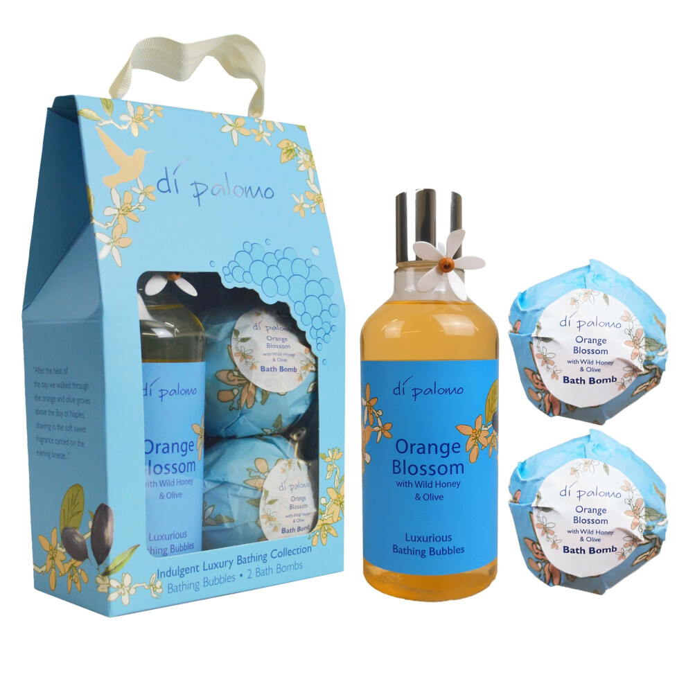 Di Palomo Orange Blossom & Honey Indulgent Luxury Bathing Collection. Bathing Bubbles 300Ml & 2 Bath Bombs. Bubble Bath Body Wash & Bath Bomb Bath