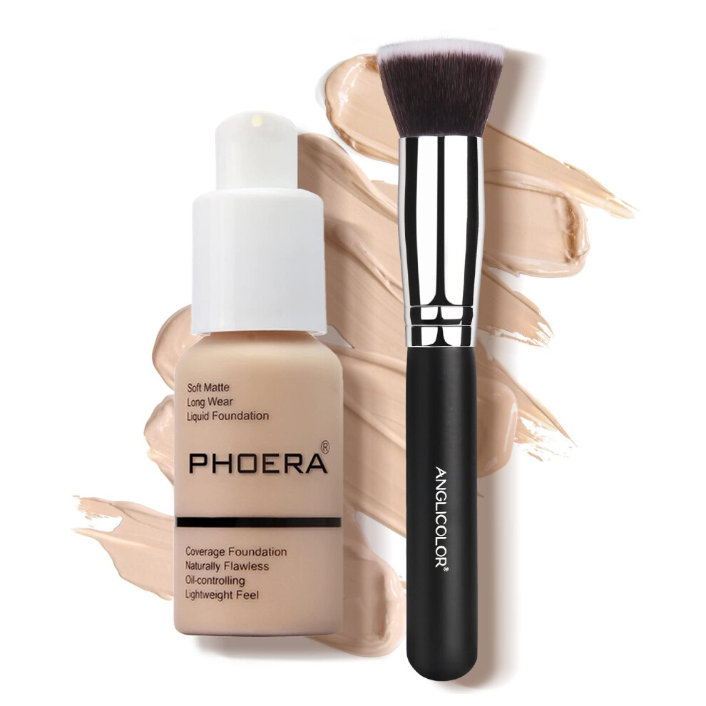 Junhe Phoera 30Ml Foundation Liquid, Foundation Full Coverage 24Hr Matte Oil Control Concealer Liquid Foundation With Foundation Brush,Soft Matte Full