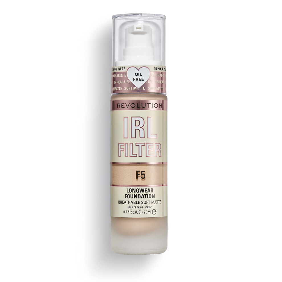 Revolution Beauty London Light Makeup Revolution Irl Filter, Longwear Foundation, Medium To Full Coverage, Matte Finish, 16 Hour Wear, F5, Fair To Skin Tones, 23Ml