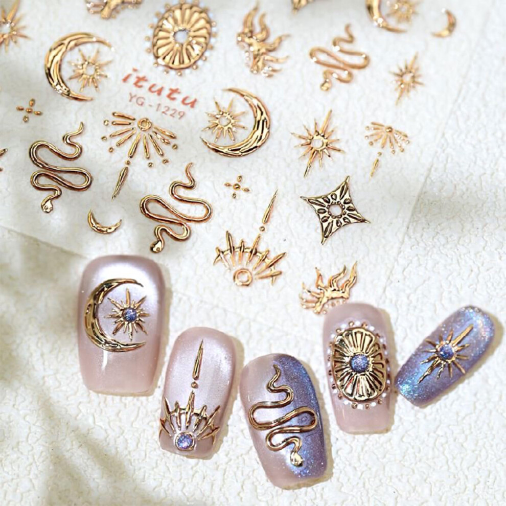 Jmeowio 3D Embossed Gold Moon Star Snake Nail Art Stickers Decals Self-Adhesive 5D Nail Supplies Nail Art Design Decoration Accessories 1 Sheets