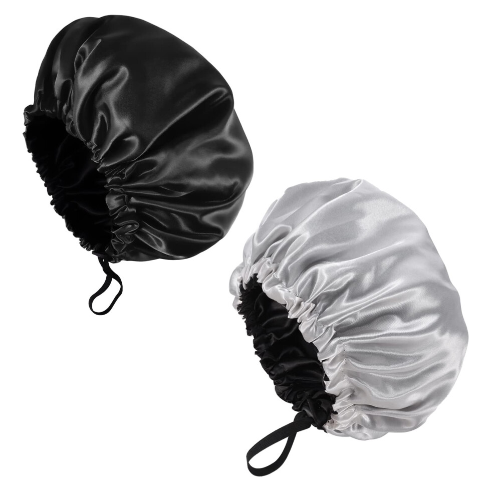 Fuyamp 2 Packs Satin Sleep Cap Shower Cap,Adjustable Silky Sleep Bonnet For Women Long Curly Hair