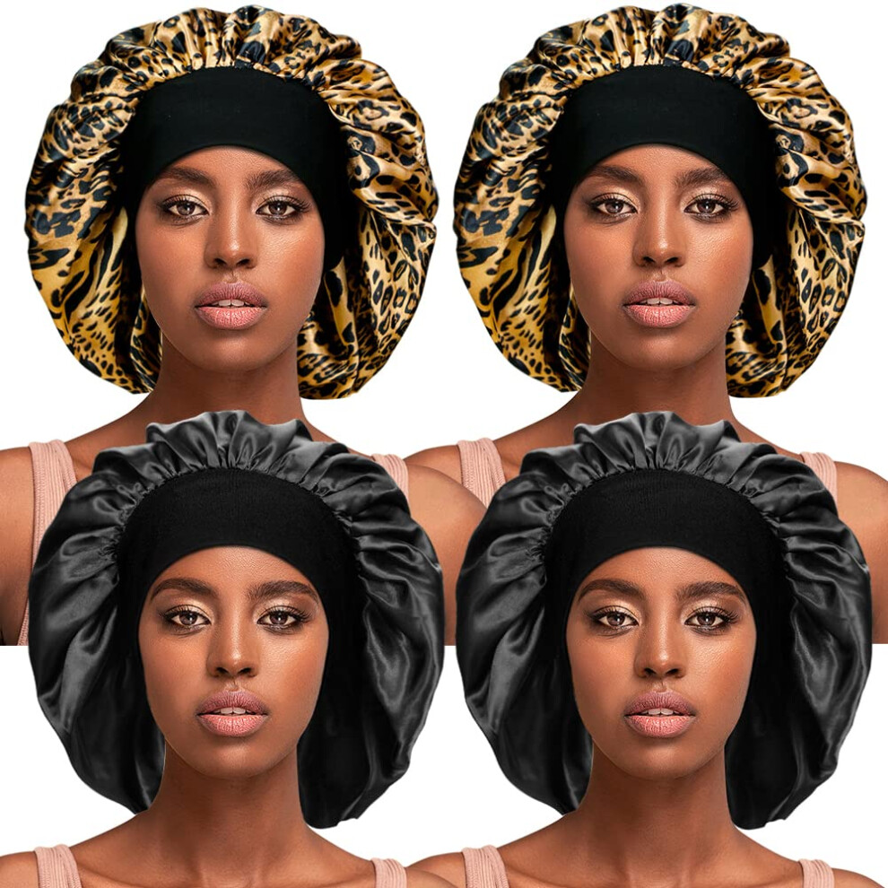 Tsknomo 4 Pieces Silky Sleep Bonnet For Curly Hair, Large Women Hair Bonnets Satin Sleeping Cap Night Cap For Women Hair Care