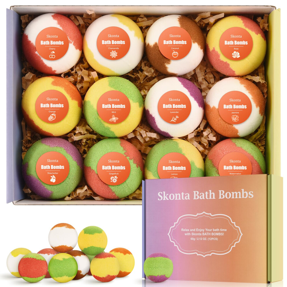 Skonta Bath Bombs Gift Set, 12-Pieces Handmade Fizzy Bubble Bath Bombs, Vegan & Cruelty Free, Perfect For Bubble And Spa Bath