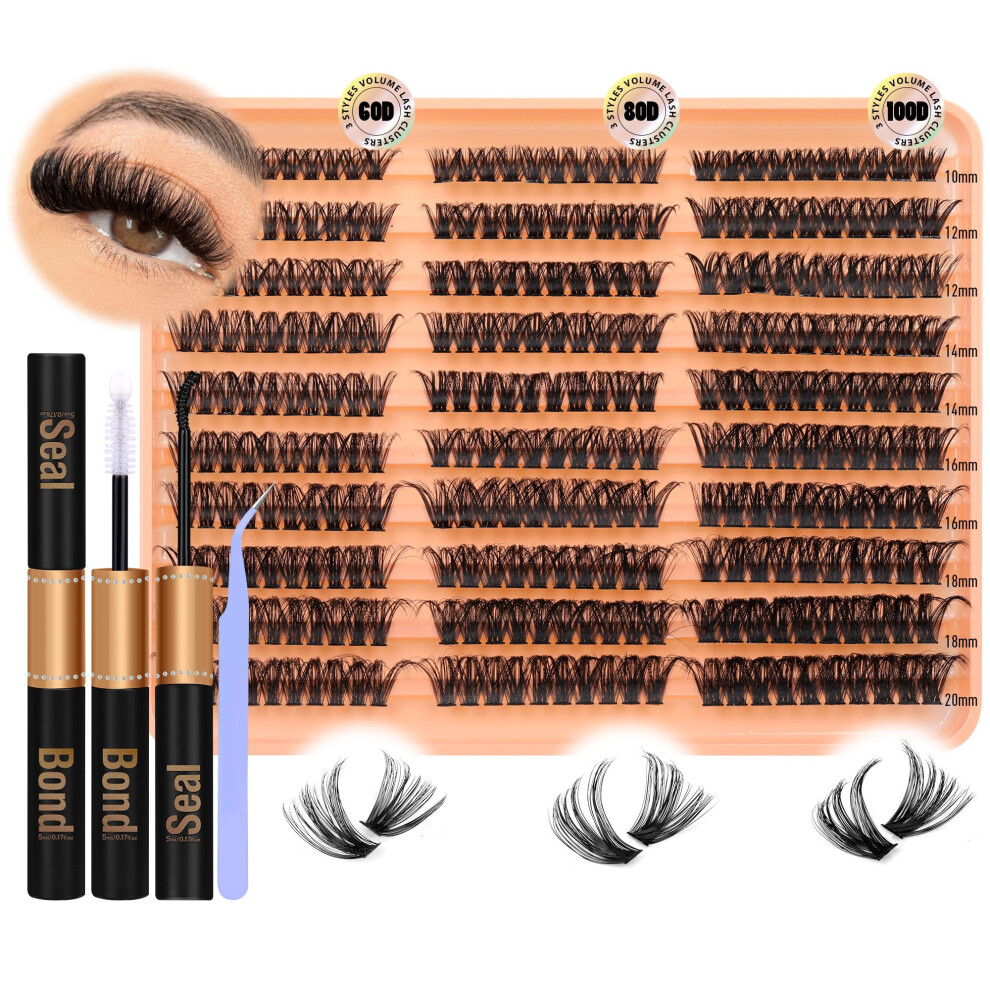 Jimire 300Pcs Eyelash Extension Kit Fluffy 60D+80D+100D Cluster Lashes Kit With Bond And Seal Lash Glue Natural Individual Eyelashes 10-18Mm Lashes