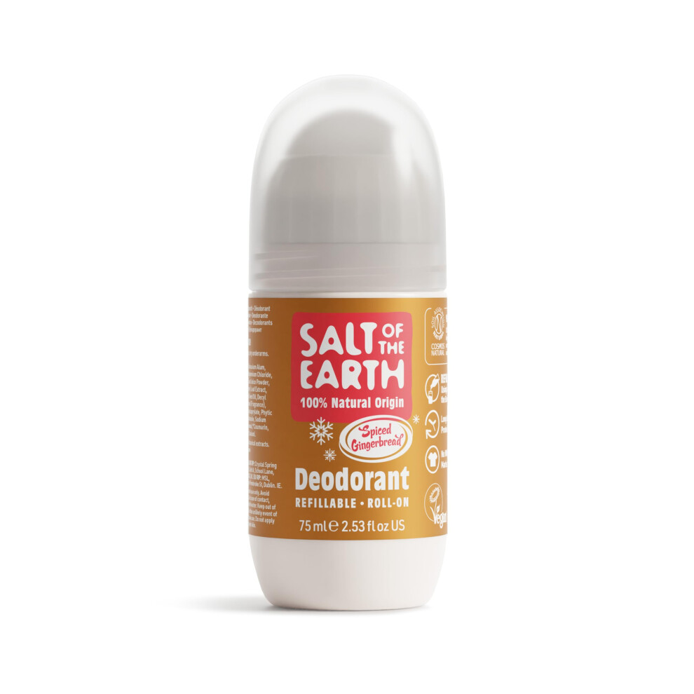 Salt Of The Earth - Natural Refillable Roll On Deodorant - Spiced Gingerbread - Vegan Formula With Long-Lasting Protection - Made In The Uk - 75Ml