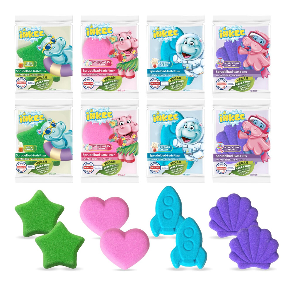 Inkee Fizzer Mix Bundle Of 8 - Bath Bombs For Kids, Colour Changing Bath Additive With Almond Oil In 4 Different Fragrances And Shapes - 8X 20G