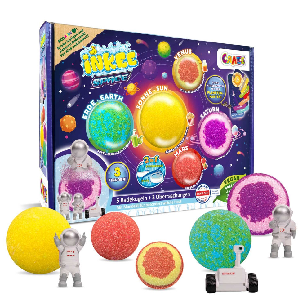 Inkee Space Kids Bath Bombs With Surprise Toys Â Solar System Planet Collection, 5 Bubble Bath Bombs With Scents