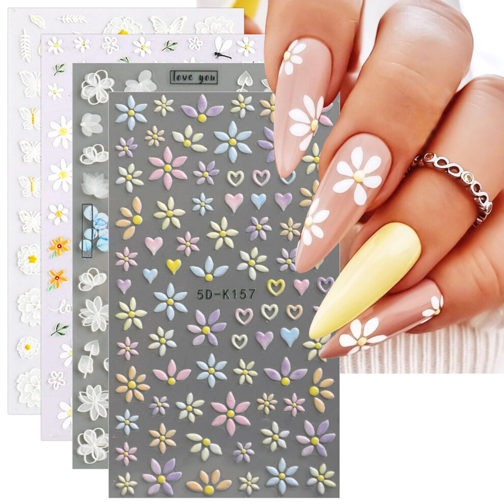 Jmeowio 3D Embossed Spring Flower Nail Art Stickers Decals Self-Adhesive 5D Floral Colorful Summer Nail Supplies Nail Art Design Decoration