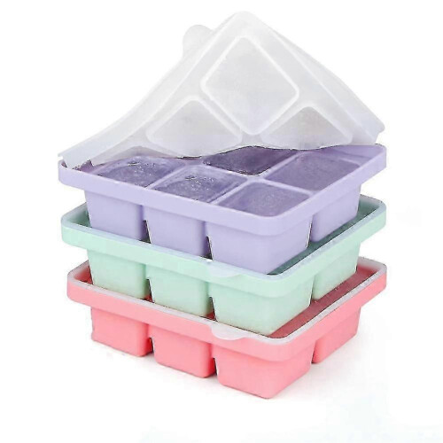 Ice Cube Tray With Lid, 3 Packs 18 Cubes, Silicone Large Ice Cube Molds, Flexible Stackable And Eas