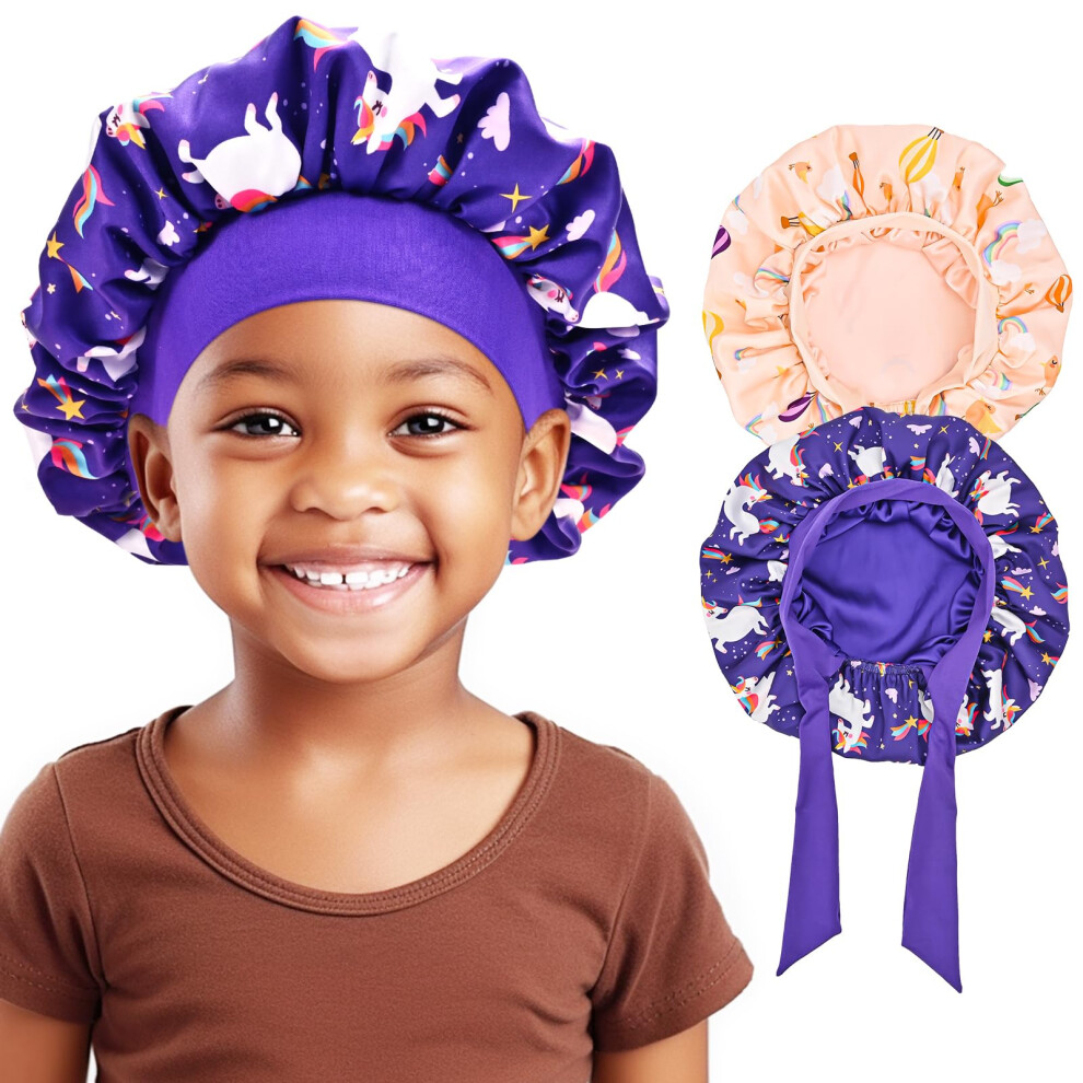 Lolalet 2 Pcs Kids Bonnets For Girls, Reversible Silk Bonnet For Sleeping Satin Bonnet Cap With Wide Elastic Band -Unicorn & Rainbow