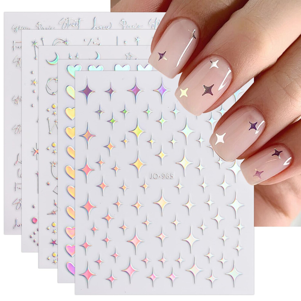 Jmeowio 12 Sheets Aurora Nail Art Stickers Decals Self-Adhesive Holographic Star Heart Nail Supplies Nail Art Design Decoration Accessories