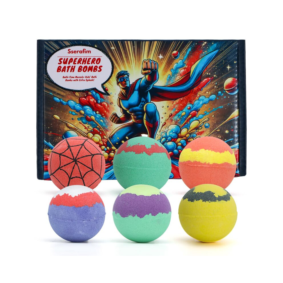 Sserafim Superhero Bath Bomb Gift Set For Kids - Set Of 6 Handmade Fizzies, Moisturising, Bubble Formula - Kids Bath Bombs - Bath Bombs For Boys