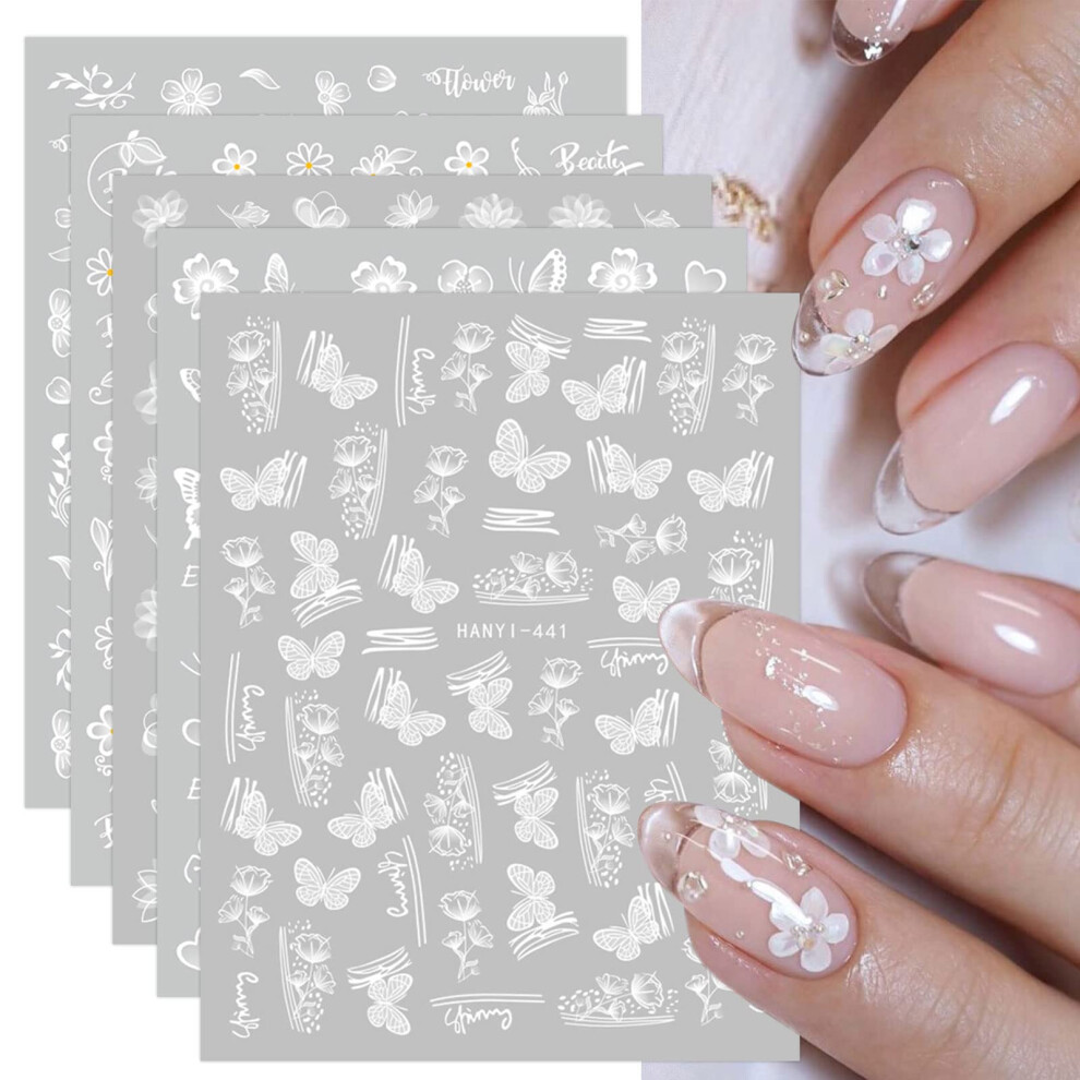 Jmeowio 12 Sheets Spring White Flower Nail Art Stickers Decals Self-Adhesive Summer Butterfly Leaf Floral Nail Supplies Nail Art Design Decoration