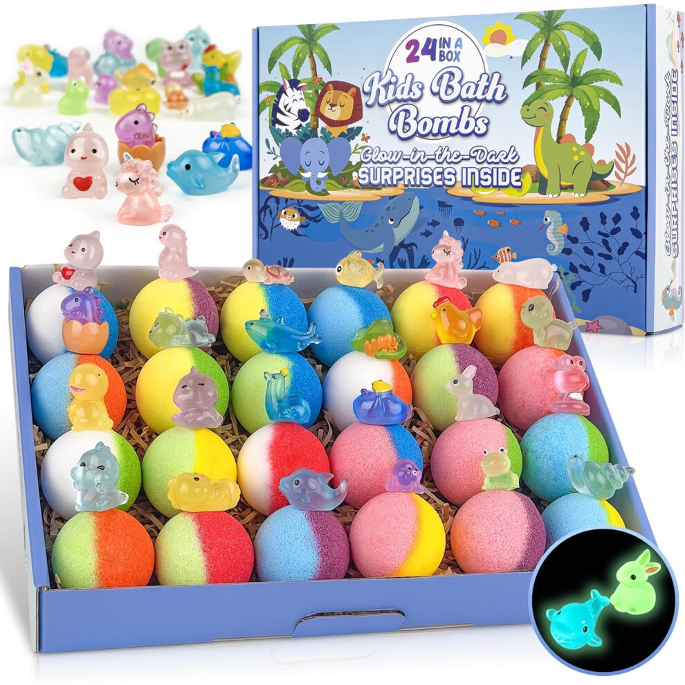 Leoce Dark Bath Bombs For Kids, 24Pcs Bath Bombs With Glow In The Surprise Toy Inside, Natural And Organic Colorful Bubble Bath Fizz, Perfect Birthday