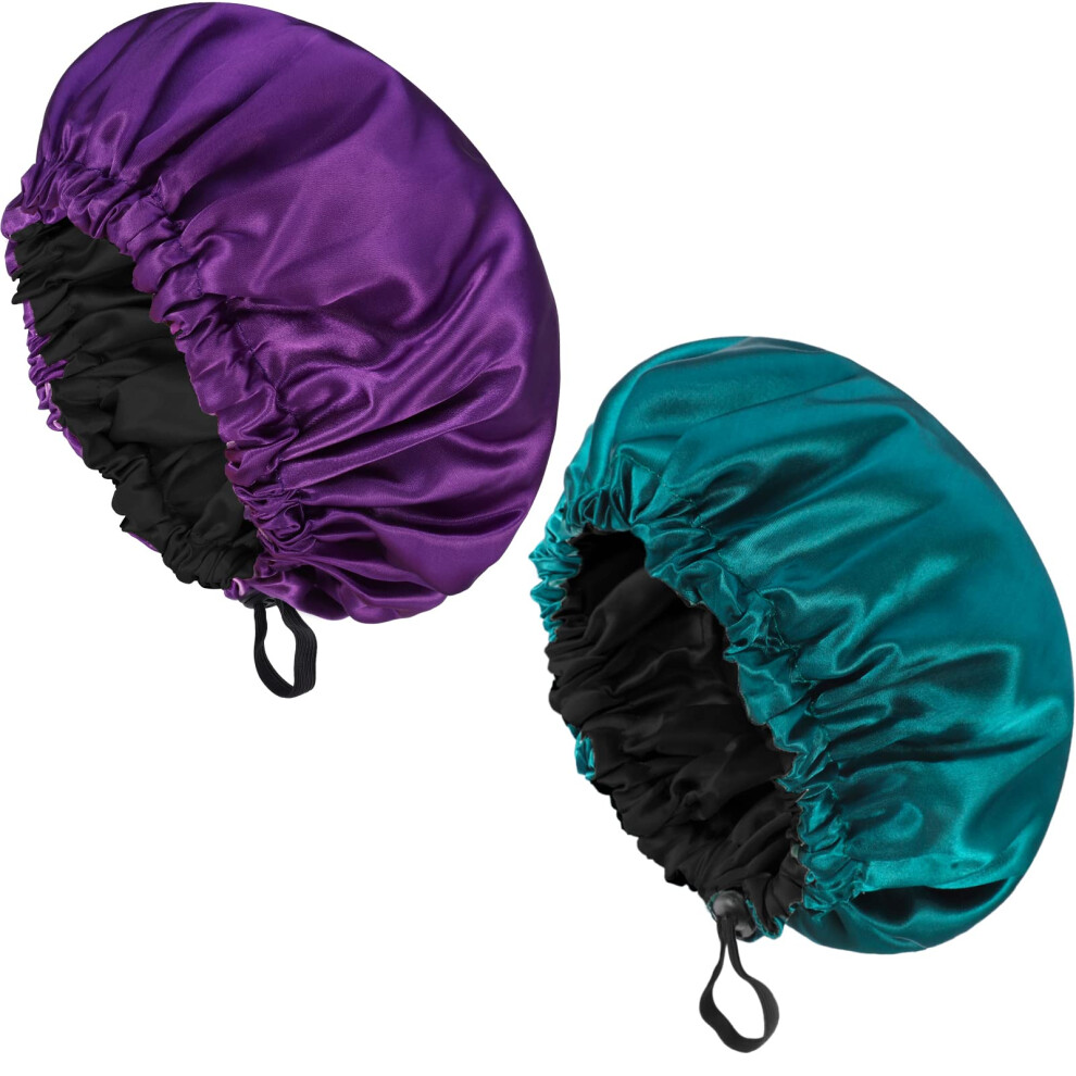Fuyamp 2 Packs Satin Sleep Cap Shower Cap,Adjustable Silky Sleep Bonnet For Women Long Curly Hair