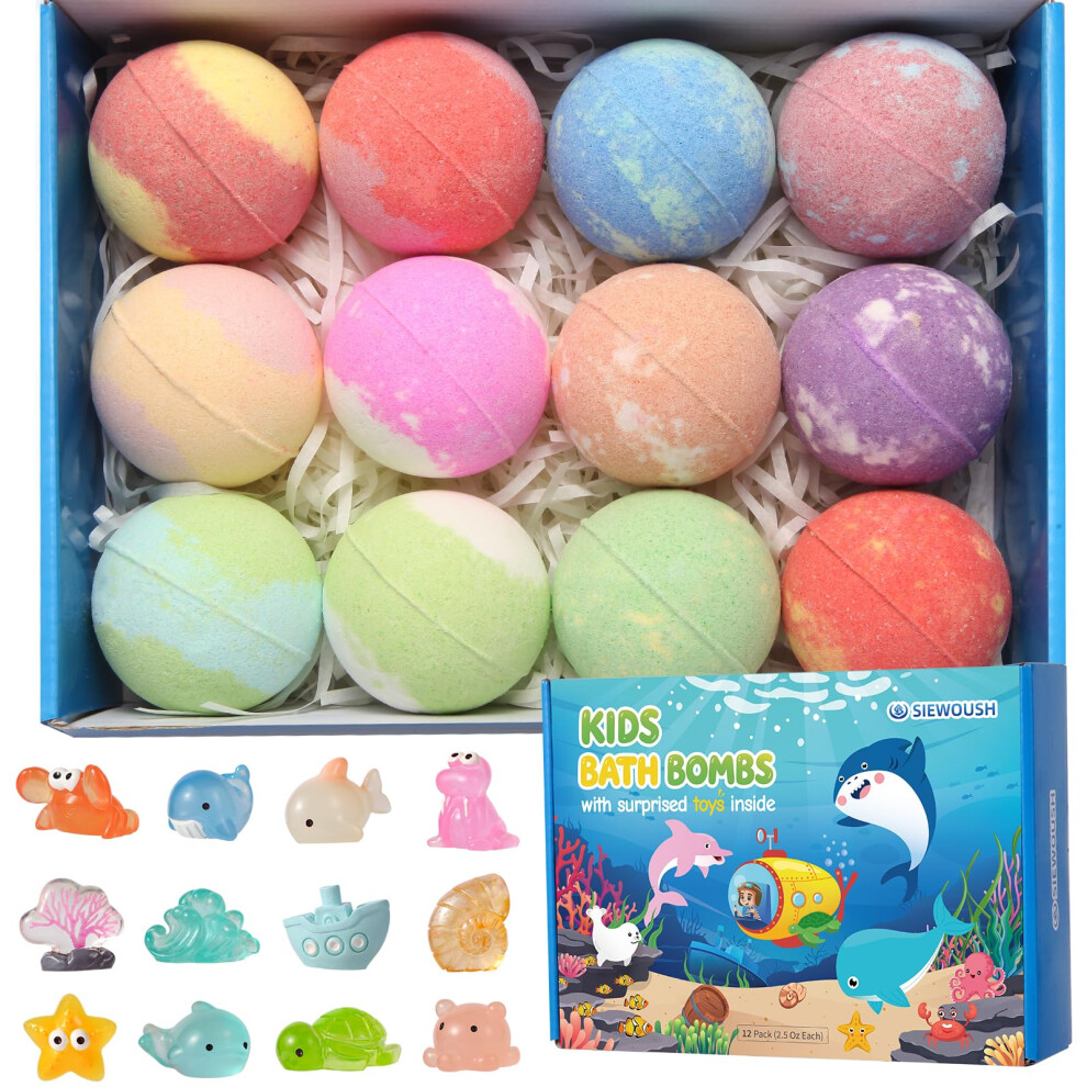 Siewoush Bath Bombs For Kids With Surprised Toys - 12Pcs Bubble Bathbombs Gift Set For Women, Fizzy Balls With Natural And Organic Ingredients