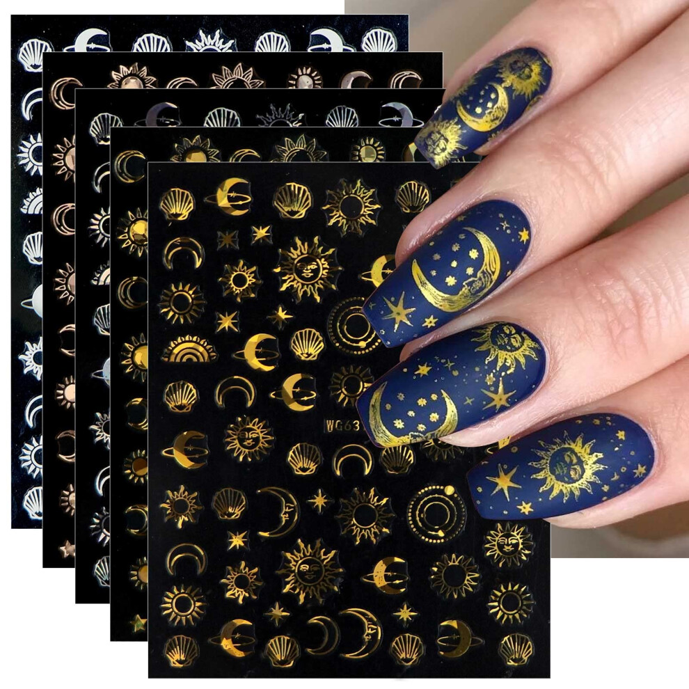Jmeowio 10 Sheets Moon Star Sun Nail Art Stickers Decals Self-Adhesive Colorful Rose Gold Nail Supplies Nail Art Design Decoration Accessories
