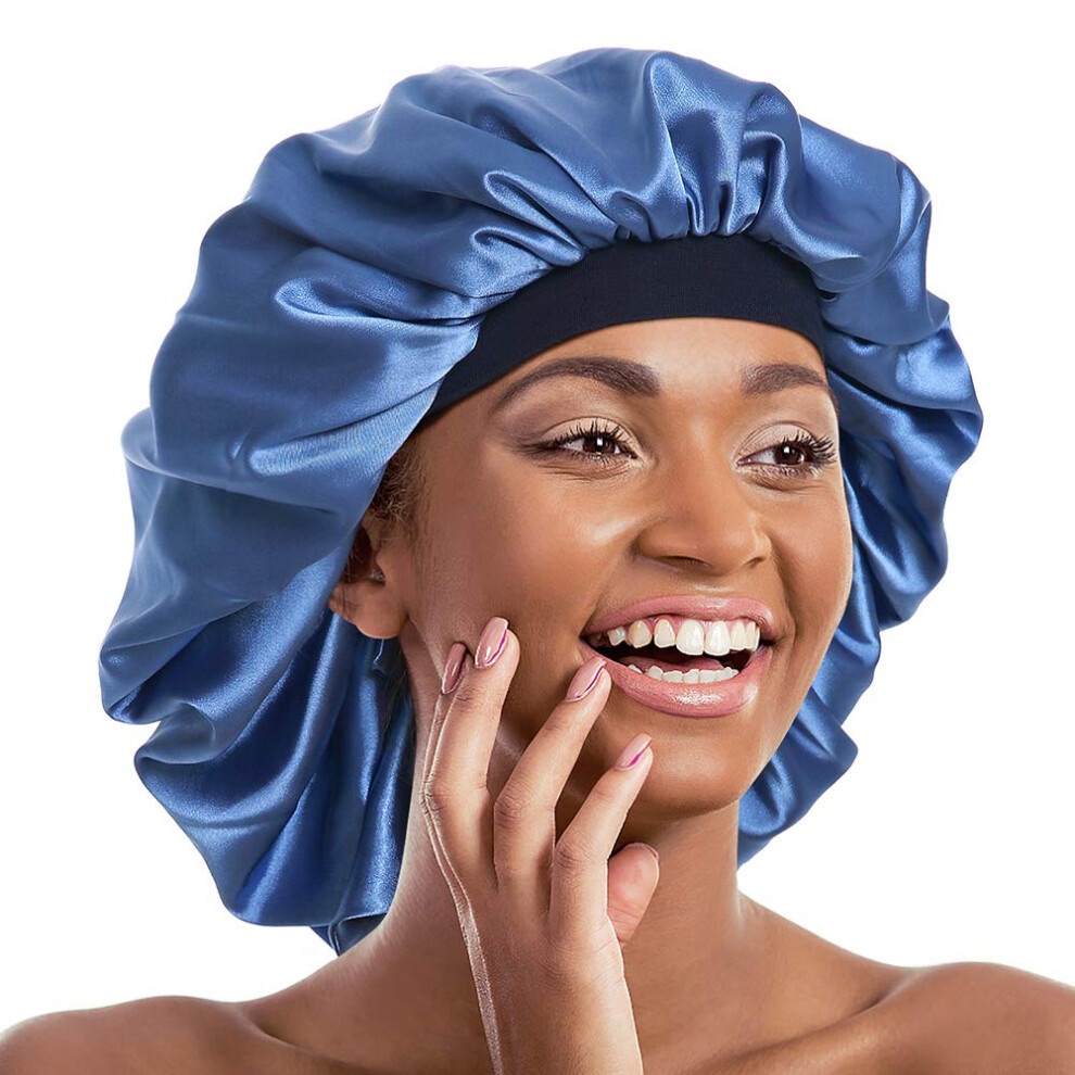 Alnorm Blue Double Layer Bonnet Long Satin Cap Head Wrap For Sleeping