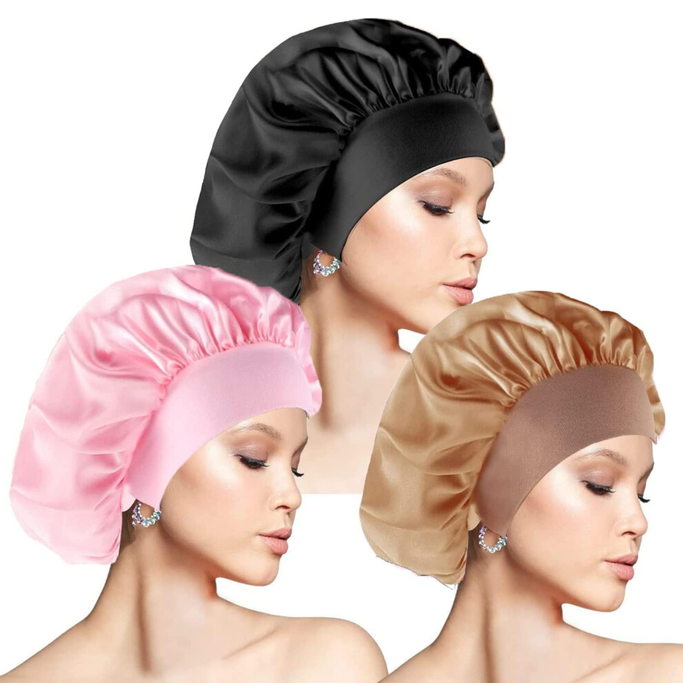 Jeopko Hair Bonnet For Sleeping Wide Band Satin Bonnets, 3 Pcs Silk Bonnet Night Sleep Cap Silk Bonnets For Women Girls