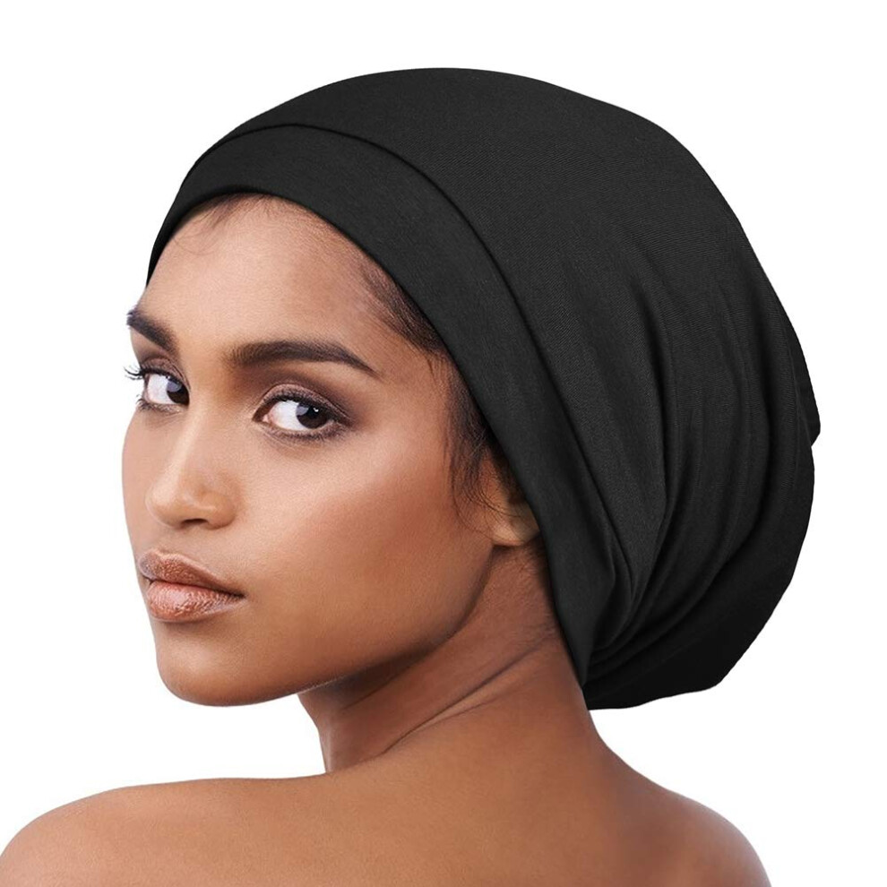Alnorm Black Satin Bonnet, Satin Lined Slouchy Beanie Cap For Curly Hair