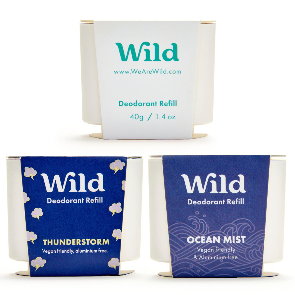 Wild - Natural Refillable Deodorant Variety Pack With Clean Fresh Scents - Aluminium Free - Scents Include Fresh Cotton & Sea Salt