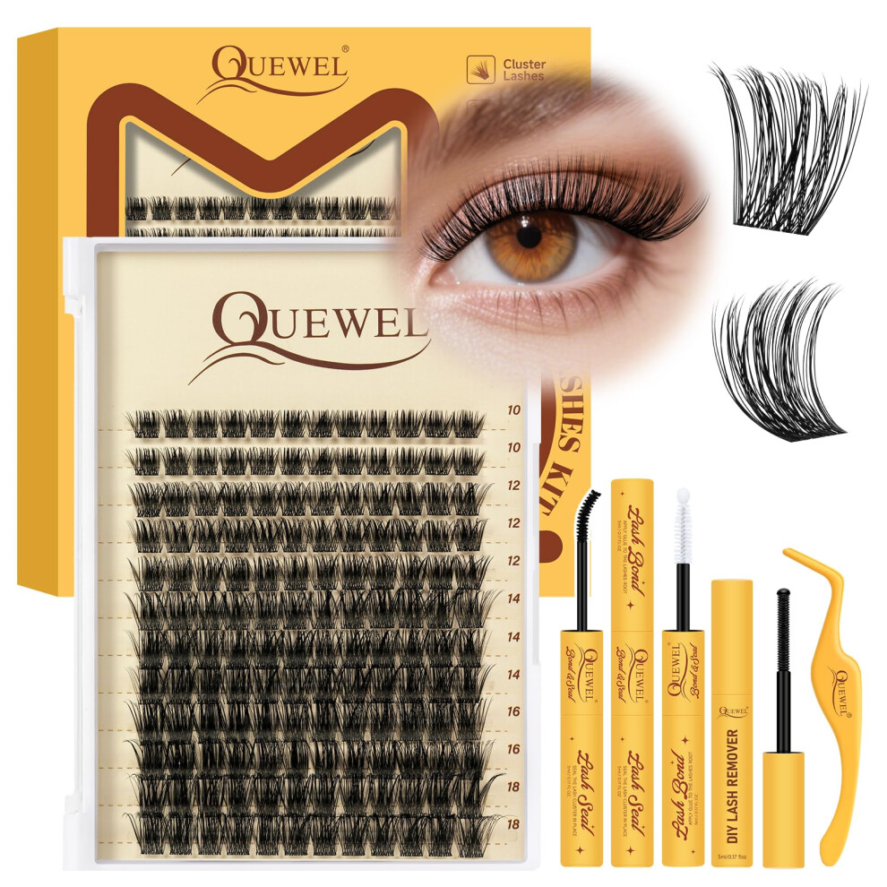 Quewel Cluster-Lashes-Kit Natural Look, 144 Pcs Wispy Eyelash Extension Kit, Clear Band Eyelash Clusters With Lash Bond And Seal And Lash Tweezer And