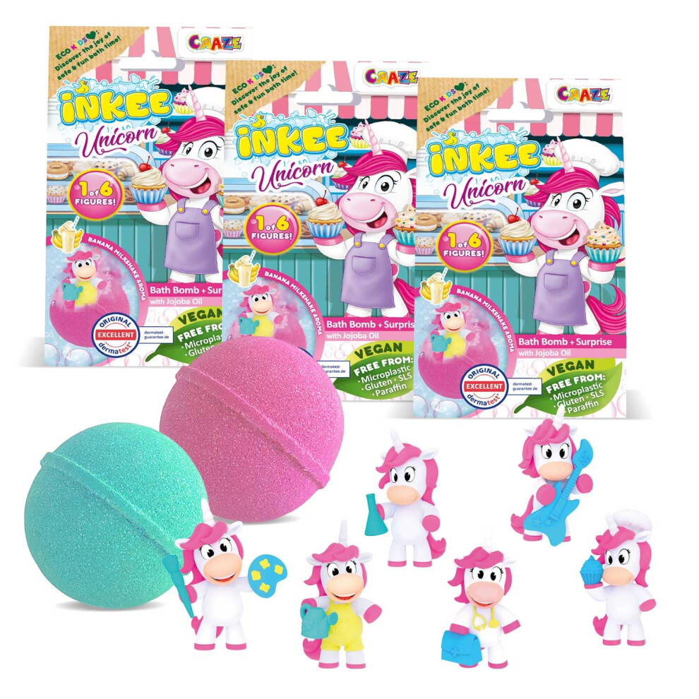 Inkee Unicorn Surprise Bath Bombs For Kids Â Pack Of 3 Fizzy 100G Bath Balls With Collectible Toy Inside, Banana Milkshake Aroma And Jojoba Oil